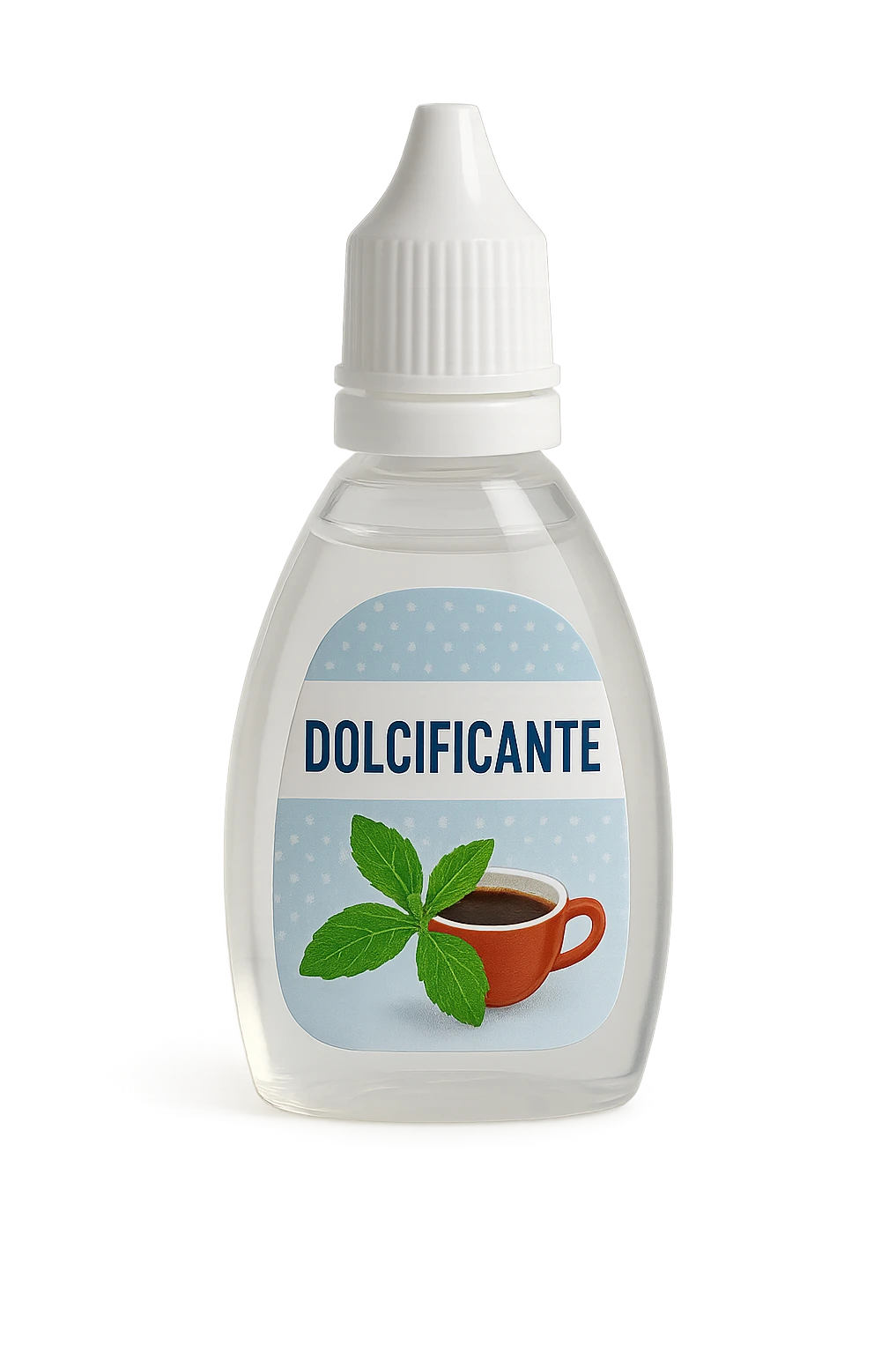 boccetta di dolcificante LIQUIDO COME IL DIETETIC con la scritta "DOLCIFICANTE" SULL'ETICHETTA, ISOLATA SU SFONDO BIANCO emoji