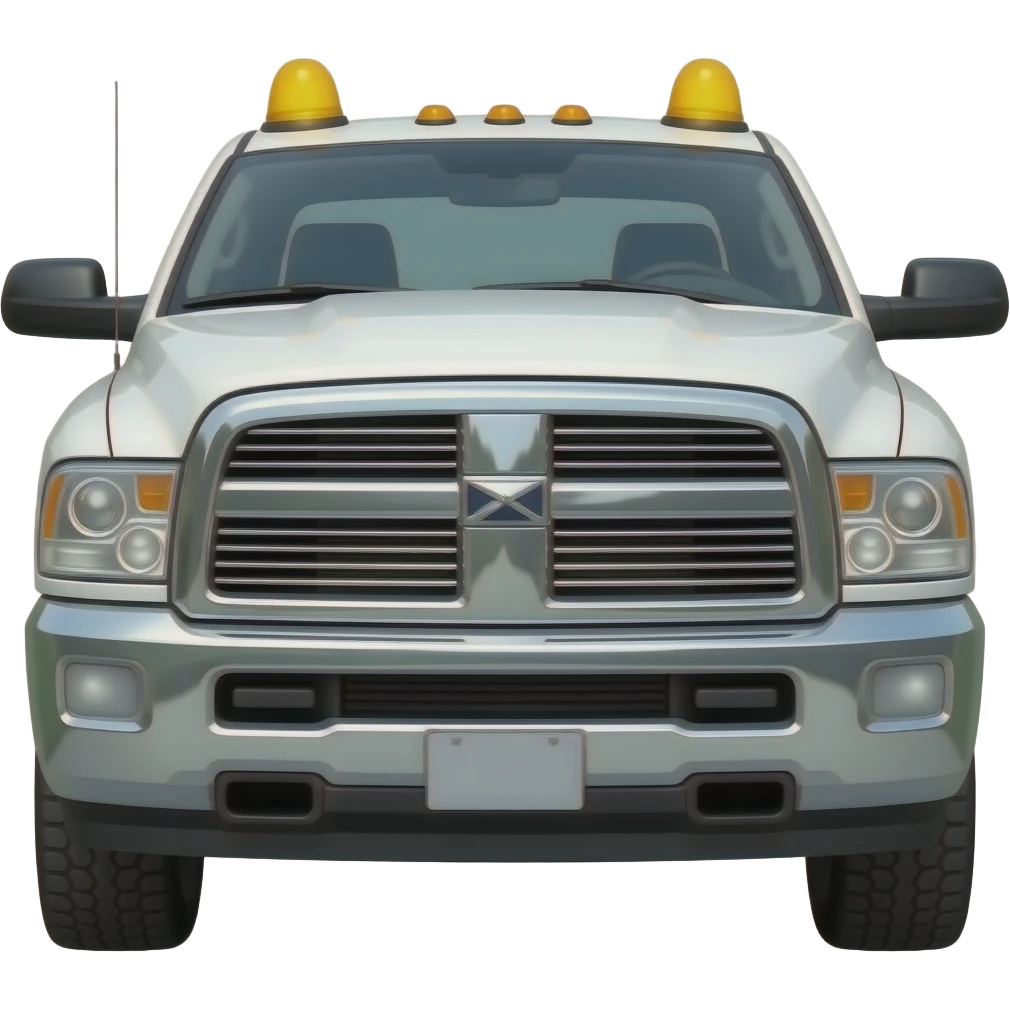 White ram 2500 Cummins with yellow clearance roof lights, chrome grill and bumpers, trailer tow mirrors emoji