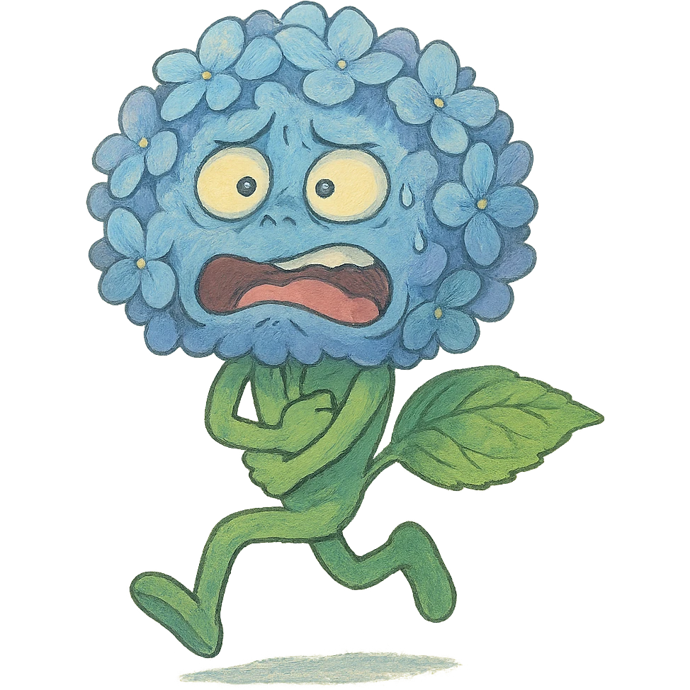 sky blue hydrangea flower with a twisted face and bulging eyes, holding its belly in a desperate toilet run, soft pastel shades, ghibli style emoji