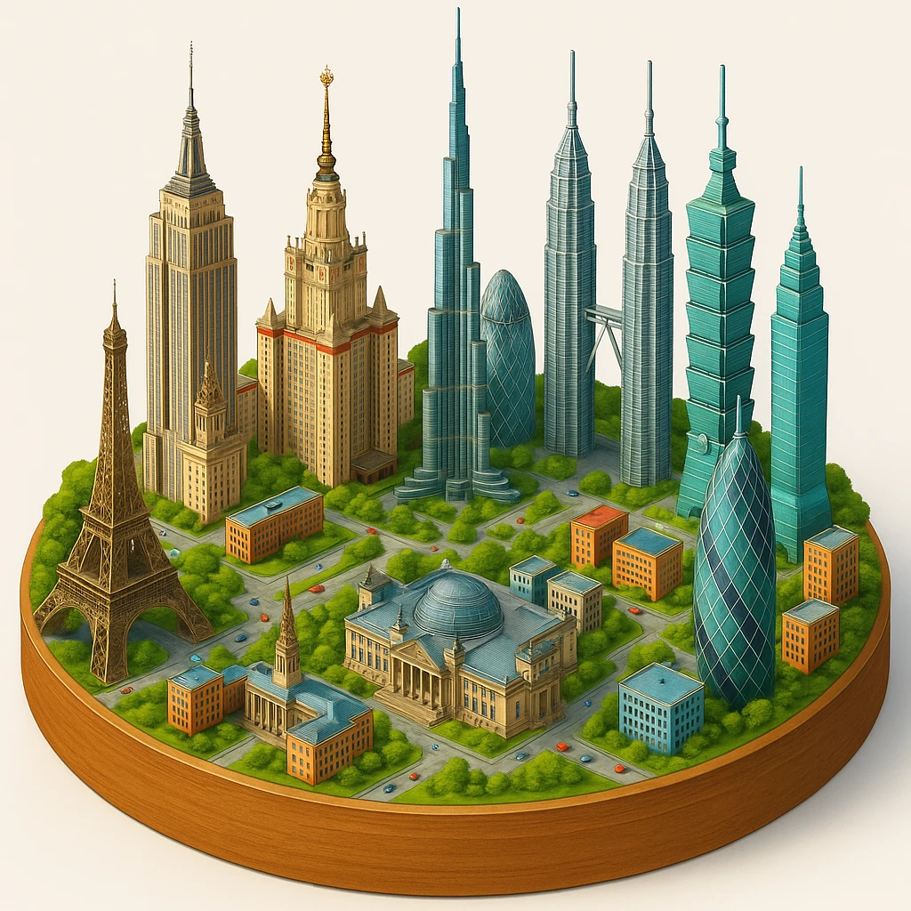 Оставь основу картинки - деревянную подставку, но при этом сгенерируй изометричная, яркая, детализированная и фотореалистичная иллюстрация где будет самые узнаваемые здания мира Эмпайр Стейт Билдинг, Эйфелева башня, здание МГУ, Бурдж-Халифа, Башни Петронас, Небоскрёб Фостера в Лондоне, Рейхстаг, Тайбэй emoji
