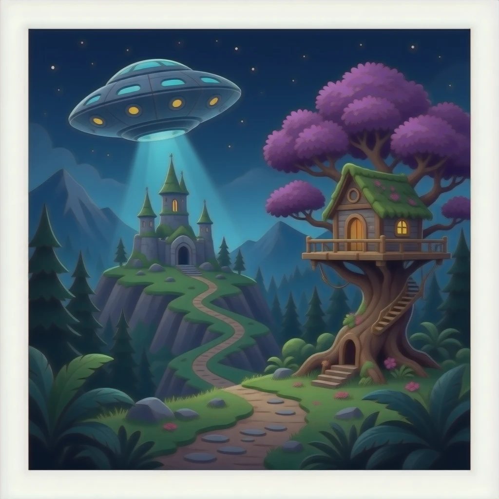 Crashed Alien saucer-castle jungle winding footpath mountainside getaway haunted nighttime landscape antique mudman very old broken cracked intricate Stone Age lapis-crusted irregular dodecagon-shaped shallow dark moss rough bark violet flowered maple treehouse bonsai emoji