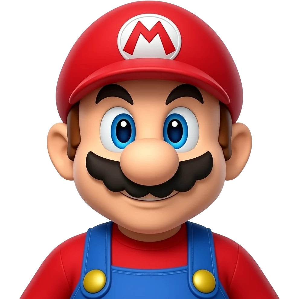 Super Mario viewed from a low angle, heroic expression, glossy 3D cartoon emoji emoji