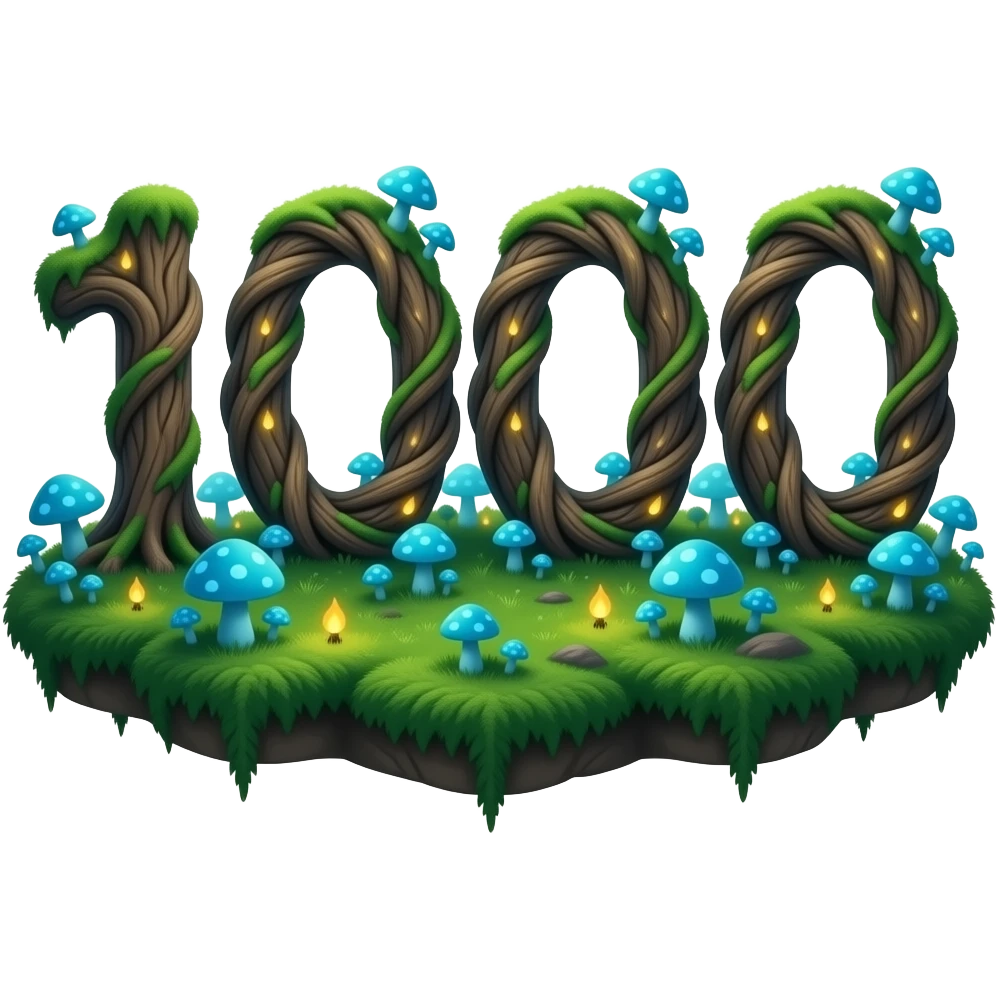 Magical number '1000' formed from twisting ancient tree roots, overgrown with tiny neon-blue mushrooms and bioluminescent moss. Soft fireflies orbiting the letter, enchanted forest atmosphere, macro photography style emoji