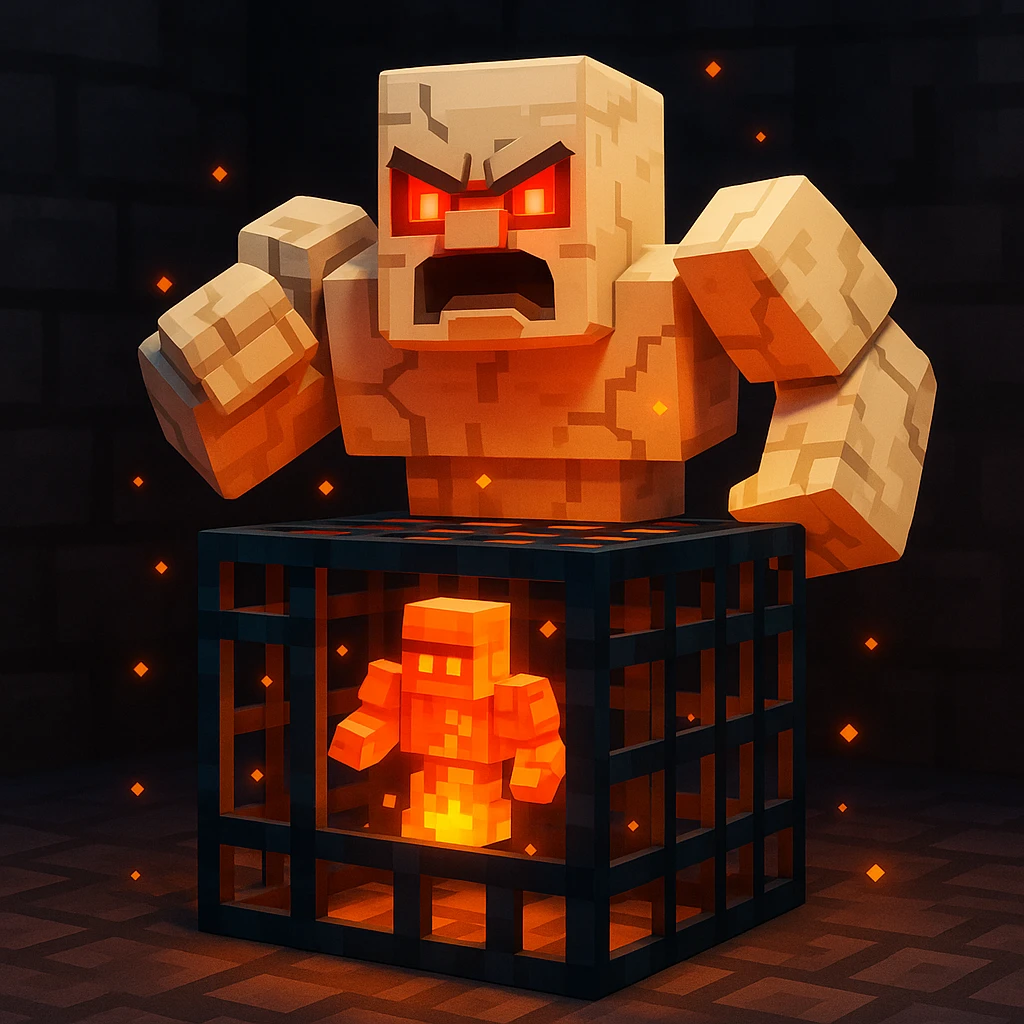 cinematic photo of a furious Iron Golem trapped inside a classic Minecraft mob spawner, golem has glowing red eyes and cracks on its body, spawner cage made of dark metal bars, inside the cage a small fiery miniature of the golem is spinning, dark cobblestone dungeon background, dramatic lighting, embers, epic emoji
