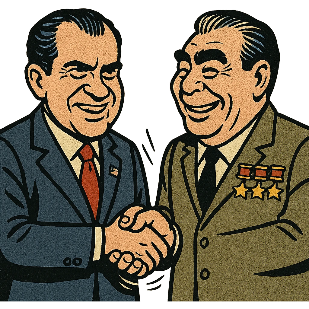 US President Nixon wearing a suit with a large US flag badge standing very close to and shaking hands with Soviet leader Brezhnev who is wearing a suit with soviet war medals on his chest. Both men are happy. emoji