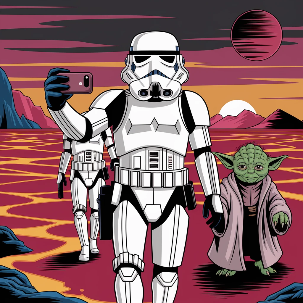 Camera POV, Starwars stormtroopers vlogging selfie, he is walking on lava planet with yoda emoji