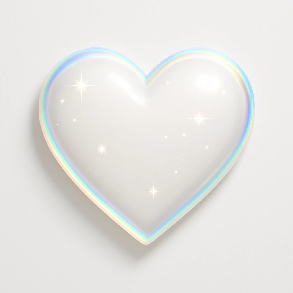 photorealistic white heart with sparkles and iridescent outline, soft lighting, white clean background emoji