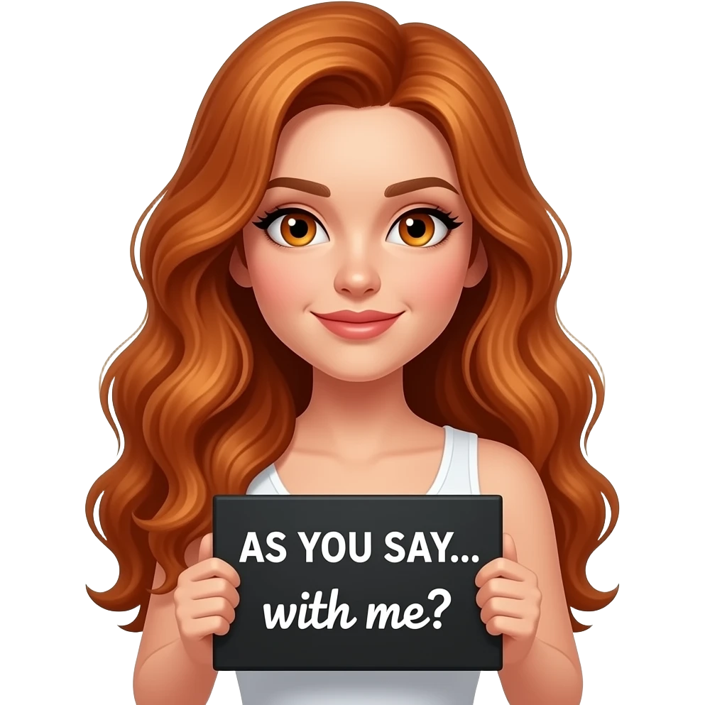 sexy girl with long wavy ginger hair and ginger eyes wearing a white tanktop is holding a black colored sign with AS YOU SAY... with me? written on it emoji