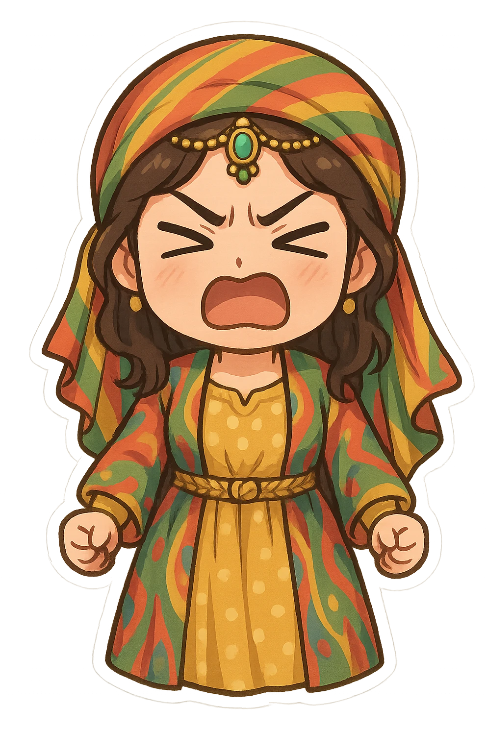 Cartoon sticker of a Kurdish woman wearing traditional colorful and cheerful Kurdish female clothing, face showing anger and rage with furrowed eyebrows and mouth open or closed, fists clenched on both sides of the body, no shadow or color halo around the image, no text, suitable for WhatsApp and Instagram, with a completely transparent background. emoji