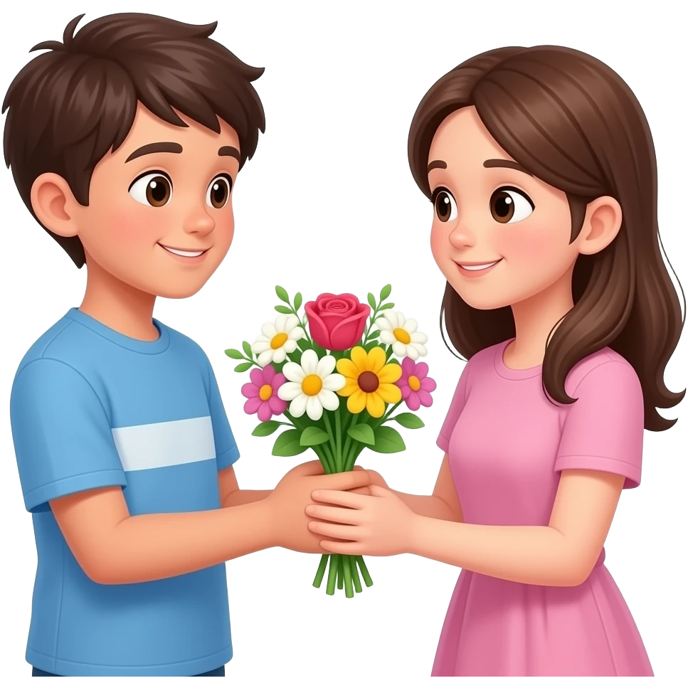 un băiat îi dă unei fete flori emoji