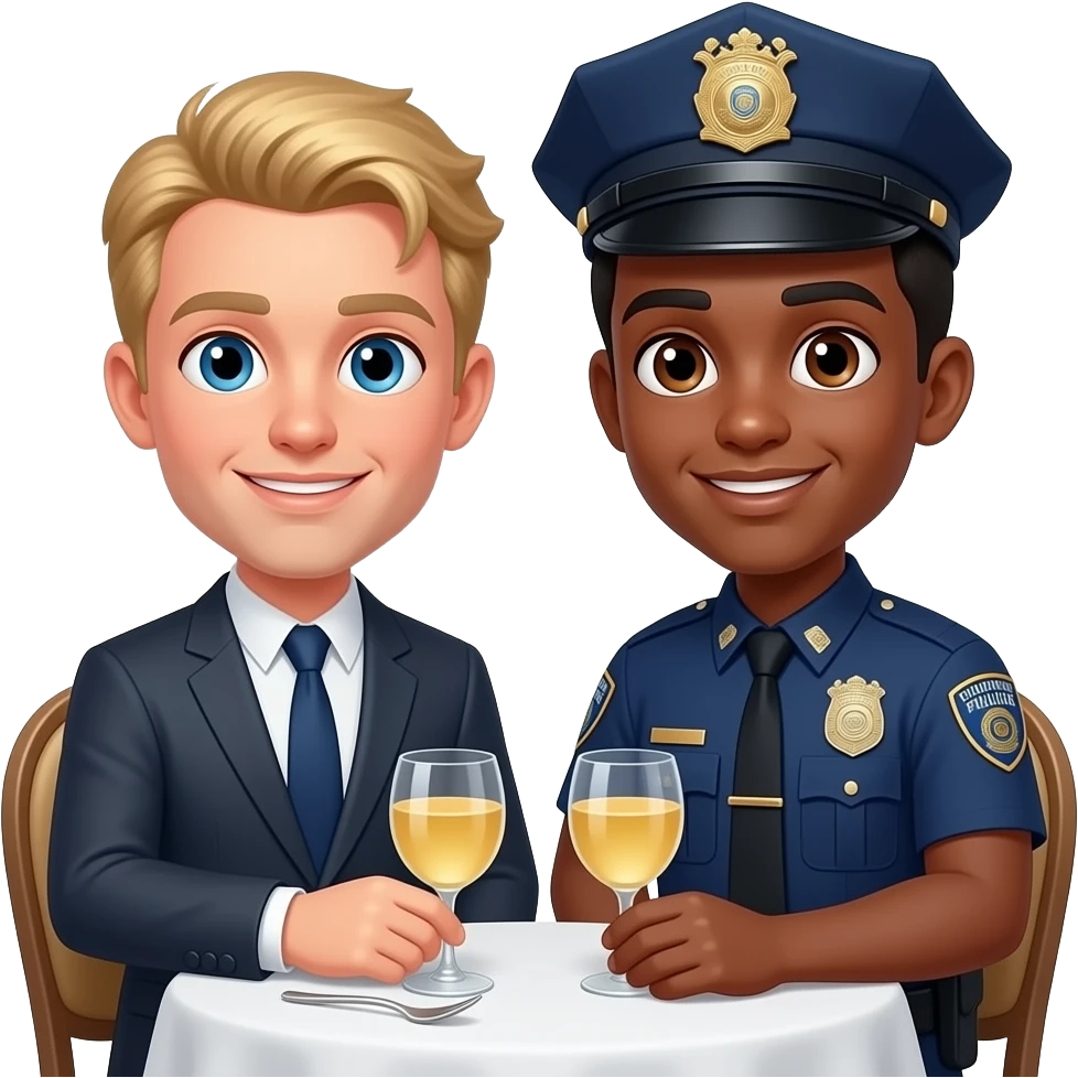 Make a young gay couple on a Date , one has light Skin with Blond Hair and Blue Eyes, the other one has slightly brown skin witz dark Brown Hair and Brown Eyes. The blond one is dressed as a banker, the brown one is dressed as a police officer. emoji