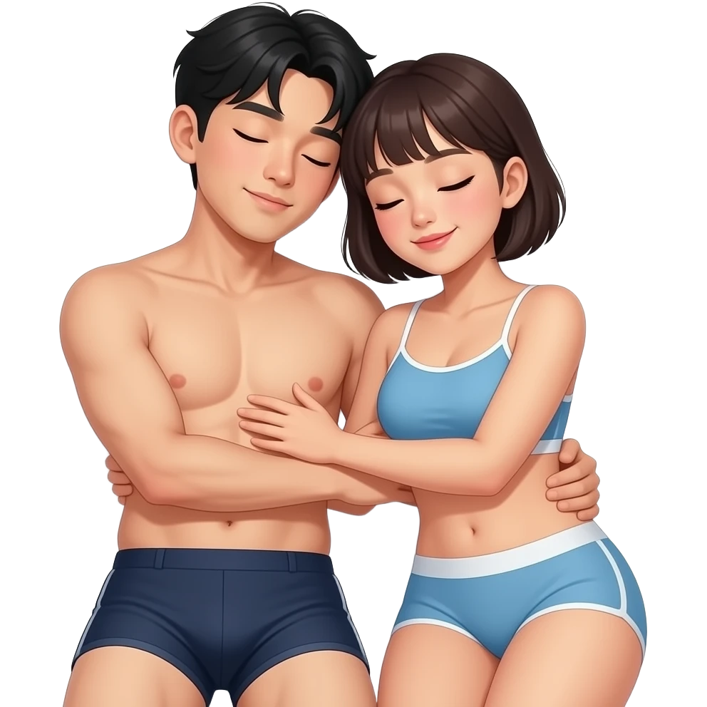 hot korean man with bangs sleeping with a hot Filipina with short hair and bangs. make them hug comfortably like they are sleeping. make them wear an underwear emoji