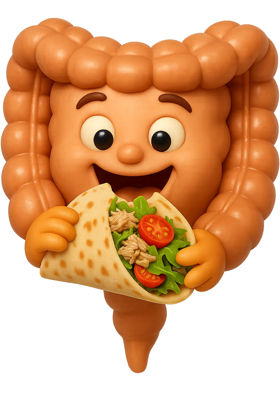 EMOJI STILE IPHONE DI un intestino che mangia una piadina con tonno, valeriana e pomodorini, iperrealistica 4k emoji