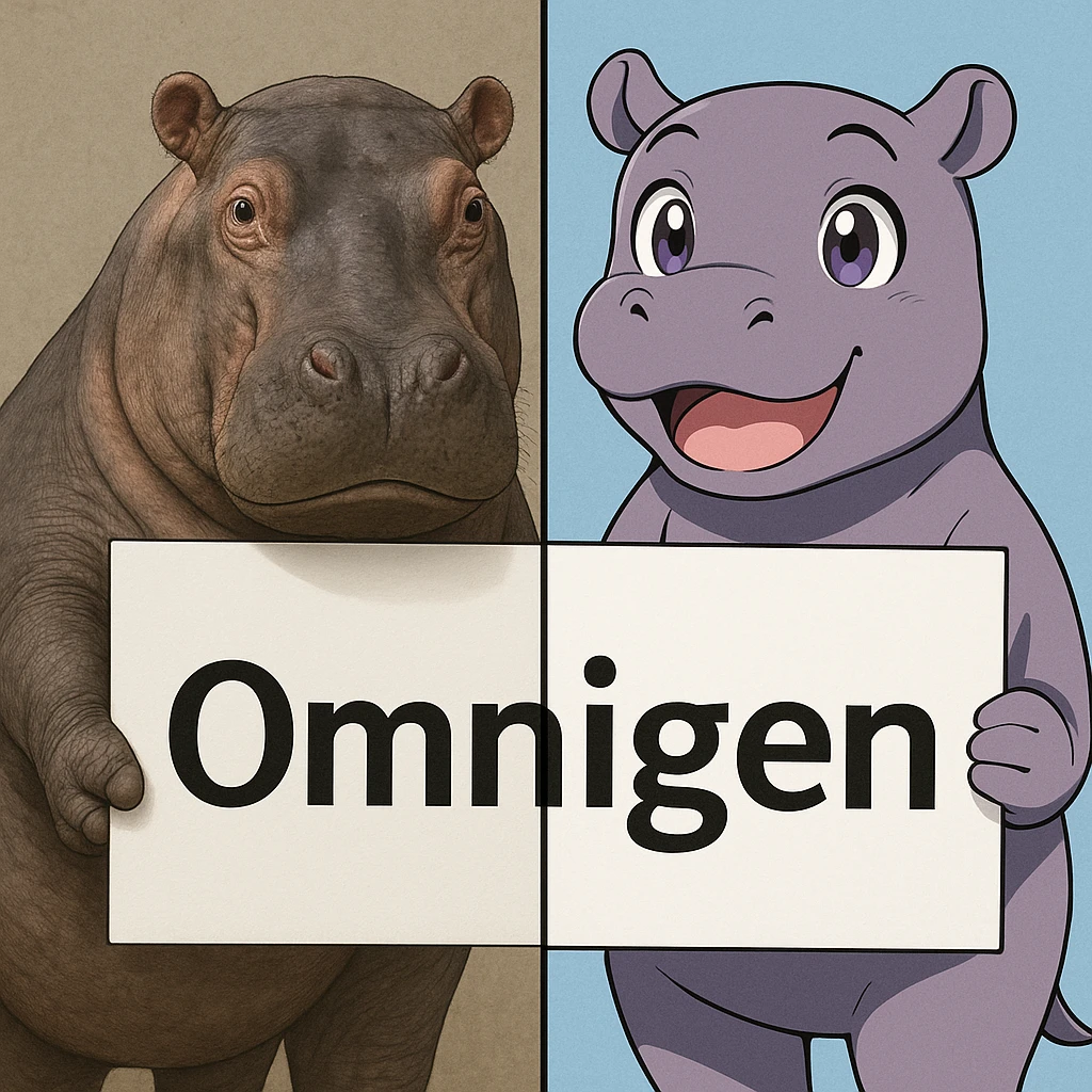 two hippo holding sign of omnigen, half picture 1 hippo is realistic another half is the anime of that same second hippo emoji