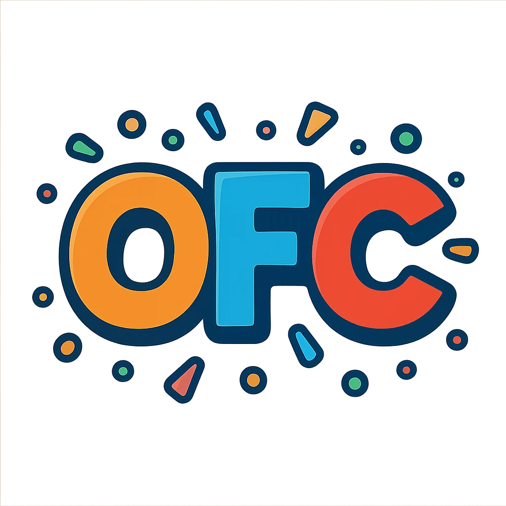OFC letters, playful with confetti elements, logo style emoji