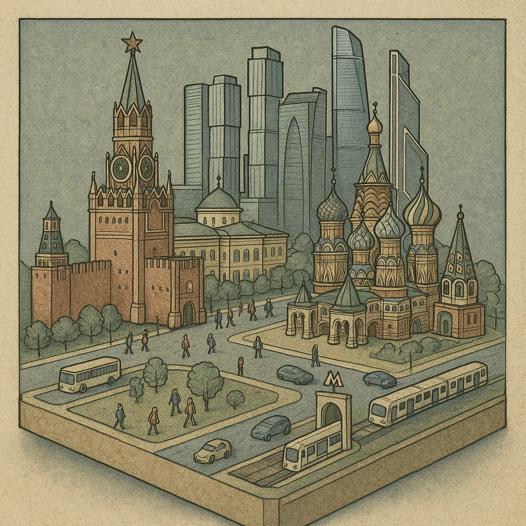 Изометричная миниатюрная 3D модель Москвы на подставке - фотореалистичный Кремль, собор Василия Блаженного, Башни Москва-Сити, аккуратная детализация, яркие цвета, мультяшный реализм, гуляют люди и современный автотранспорт и метро, компактная композиция, вид сверху в изометрии emoji