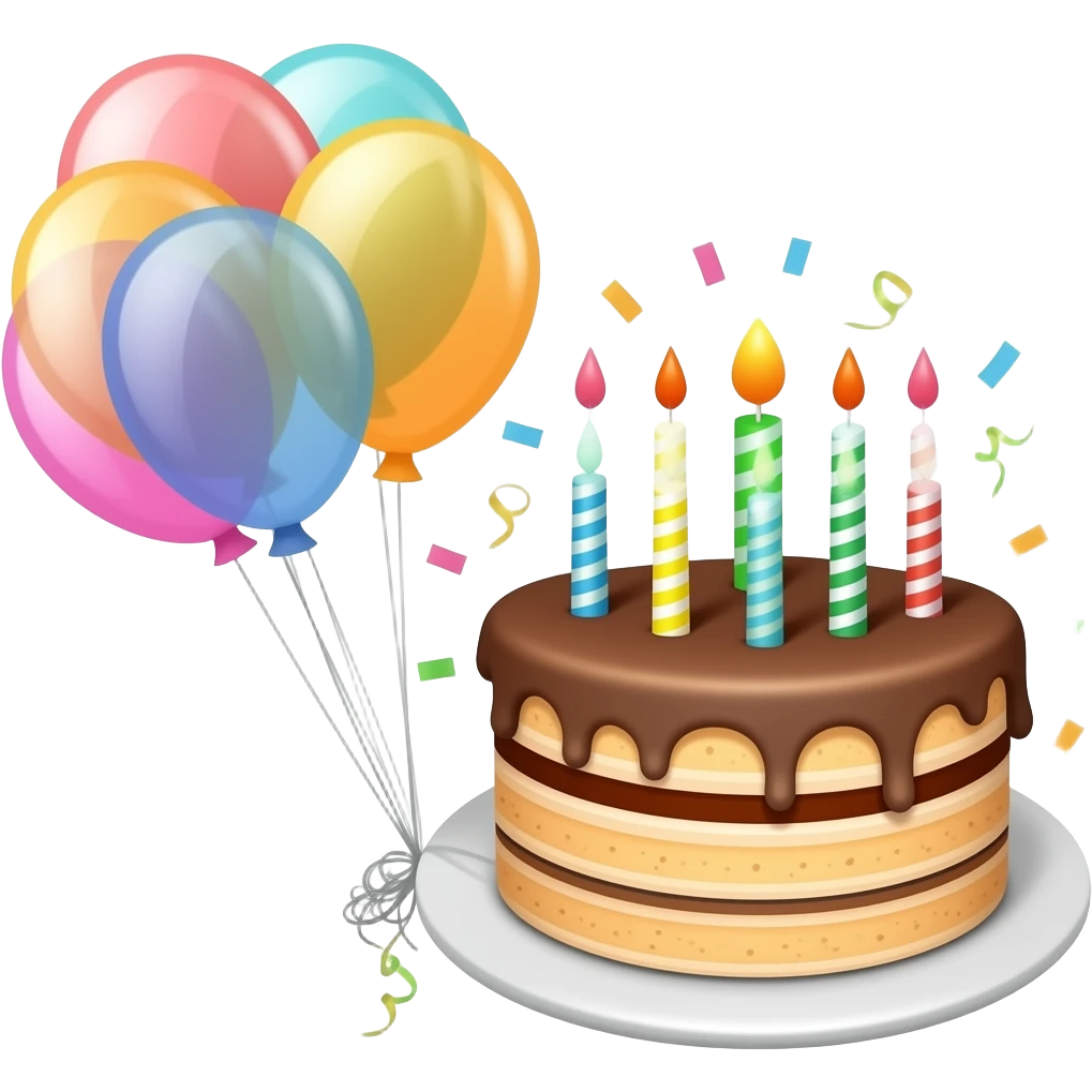 Complex birthday wishes emoji with balloons, a birthday cake and confettis emoji