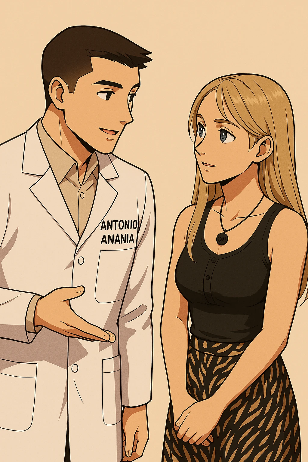 fai un webtoon/manga a colori con questo kinesiologo in camice bianco (fagli la scritta "ANTONIO ANANIA" SUL CAMICE) CHE PARLA CON QUESTA RAGAZZA CON GLI OCCHI AZZURRI. la ragazza gli fa una domanda e IL KINESIOLOGO CON IL CAMICE BIANCO LE risponde. NON FARE I FUMETTI, FAI SOLO LORO COME SE DIALOGASSERO emoji