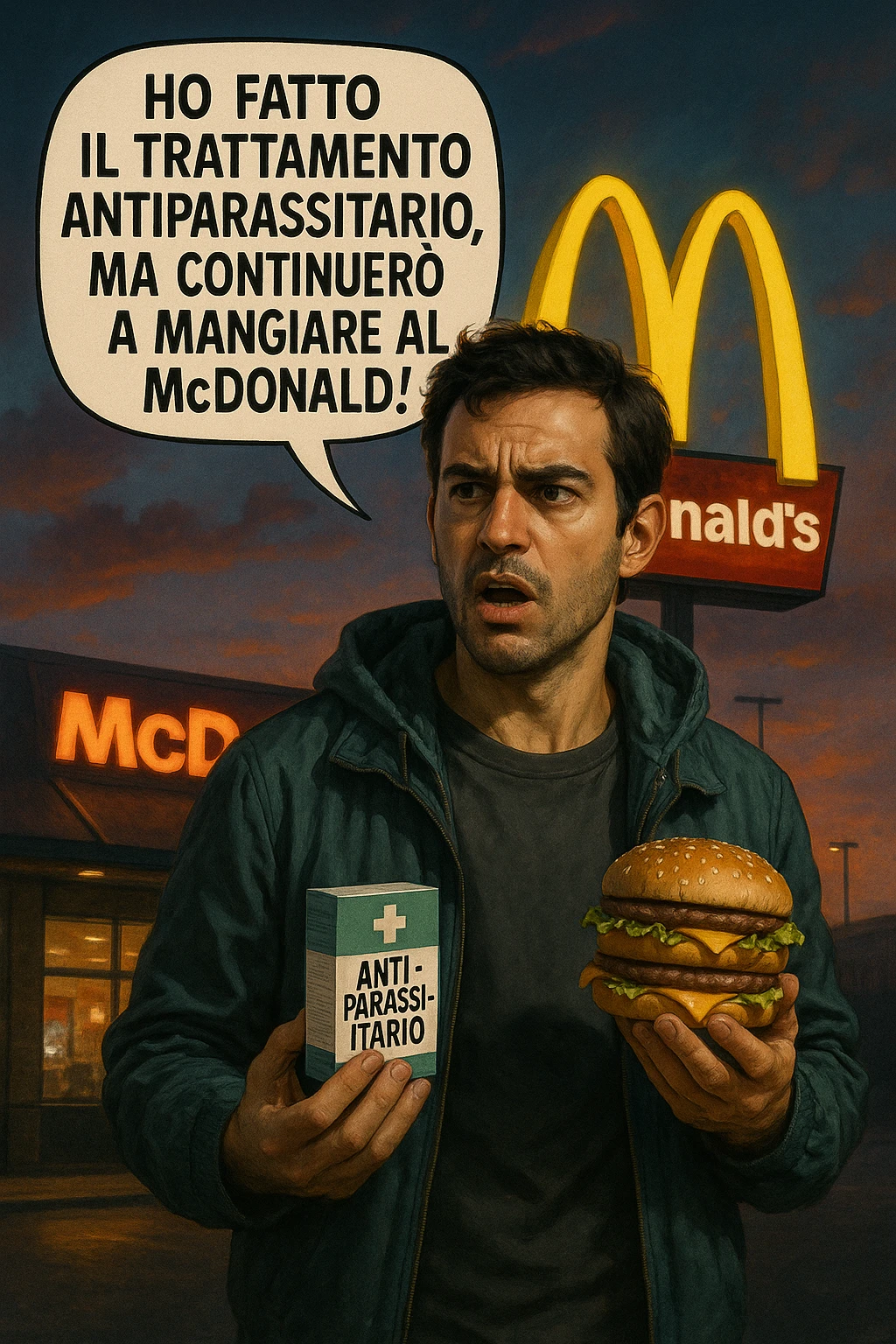 A realistic, cinematic illustration of a man in his early 30s with a confused yet stubborn expression, standing outside a McDonald's at dusk, holding a small box labeled 'Antiparasitic Treatment' in one hand while holding a large McDonald's burger in the other. He is mid-sentence, saying 'Ho fatto il trattamento antiparassitario, ma continuerò a mangiare al McDonald!' in an expressive speech bubble. The man wears casual streetwear, and behind him, the McDonald's golden arches glow under a neon-lit sky. The mood is ironic and educational, highlighting the contradiction of doing parasite cleanses while continuing unhealthy fast-food habits. The style is realistic with slight illustrative clarity, emphasizing the message humorously while maintaining a serious undertone about lifestyle choices and health in italiano emoji