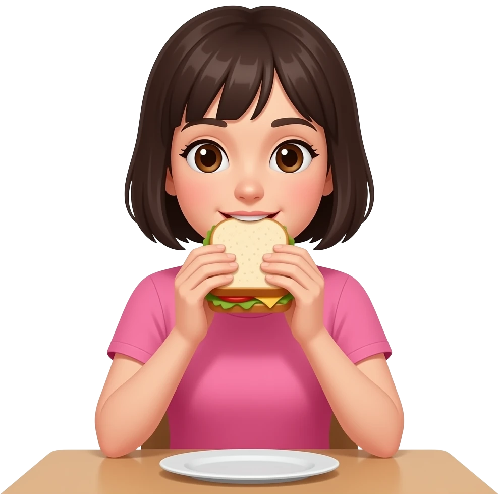 chica de cabello oscuro y corto sin accesorios, con ojos color cafe, con camiseta solida color rosa, comiendo un sándwich en el comedor emoji