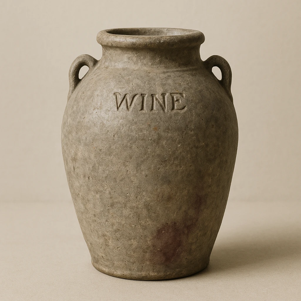 a stoneware wine jar, slightly weathered, with a faint wine stain, minimal background emoji