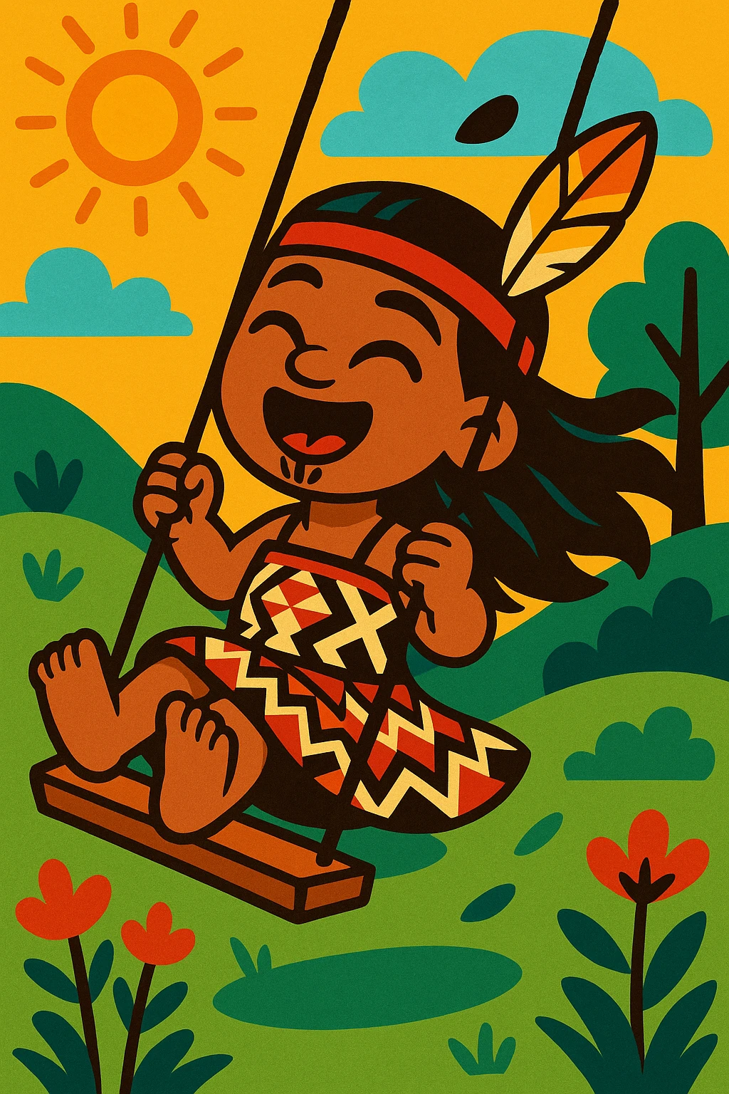 A young Maori girl with traditional features, swinging joyfully on a swing, wearing a patterned dress and a feather in her hair, outdoors, vibrant and expressive style emoji