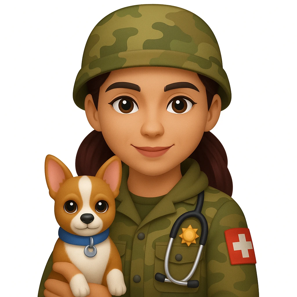military girl, a medic with a small dog, emoji style, make the character look like her emoji