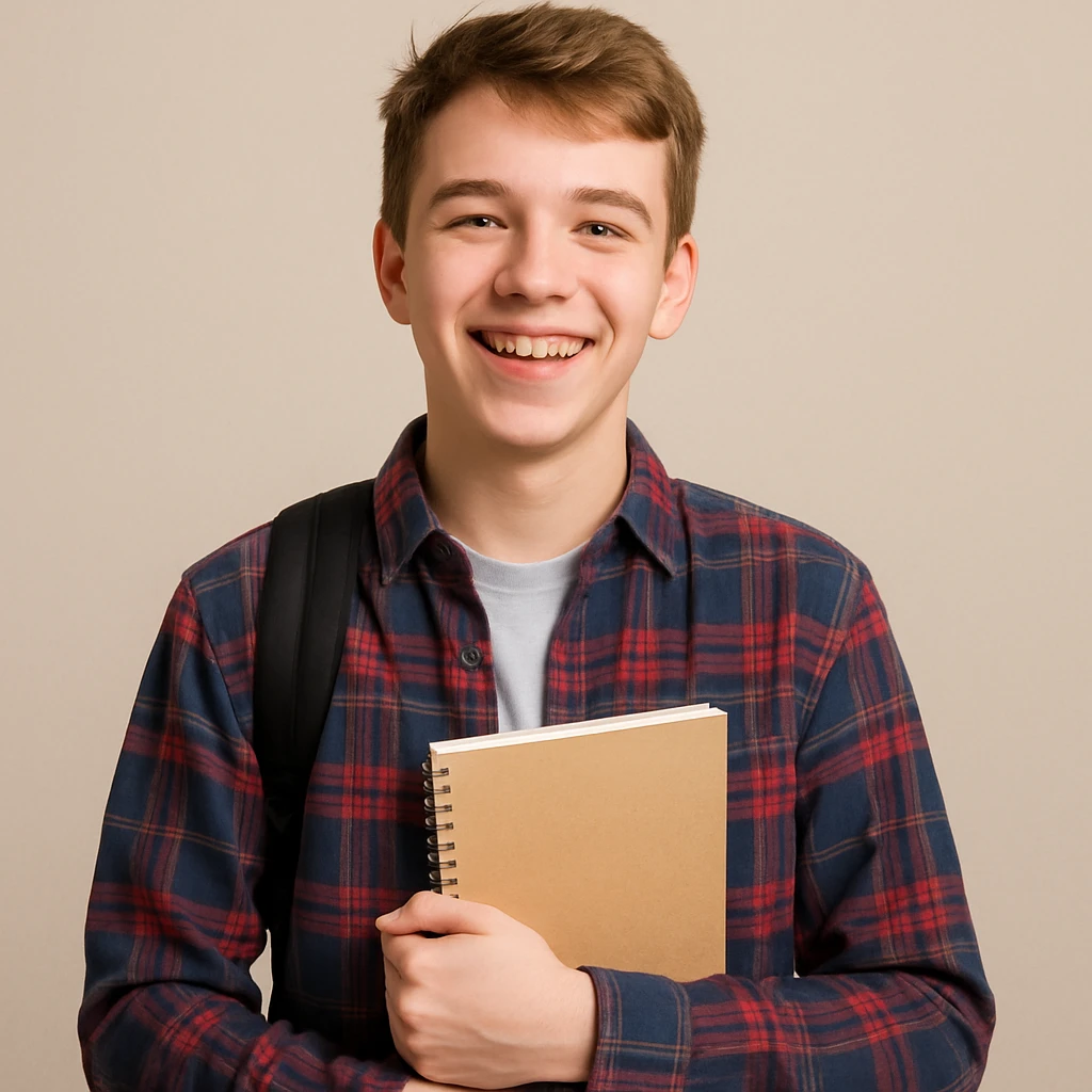 white teenage boy student, cheerful, wearing a plaid shirt, holding a notebook, simple background emoji