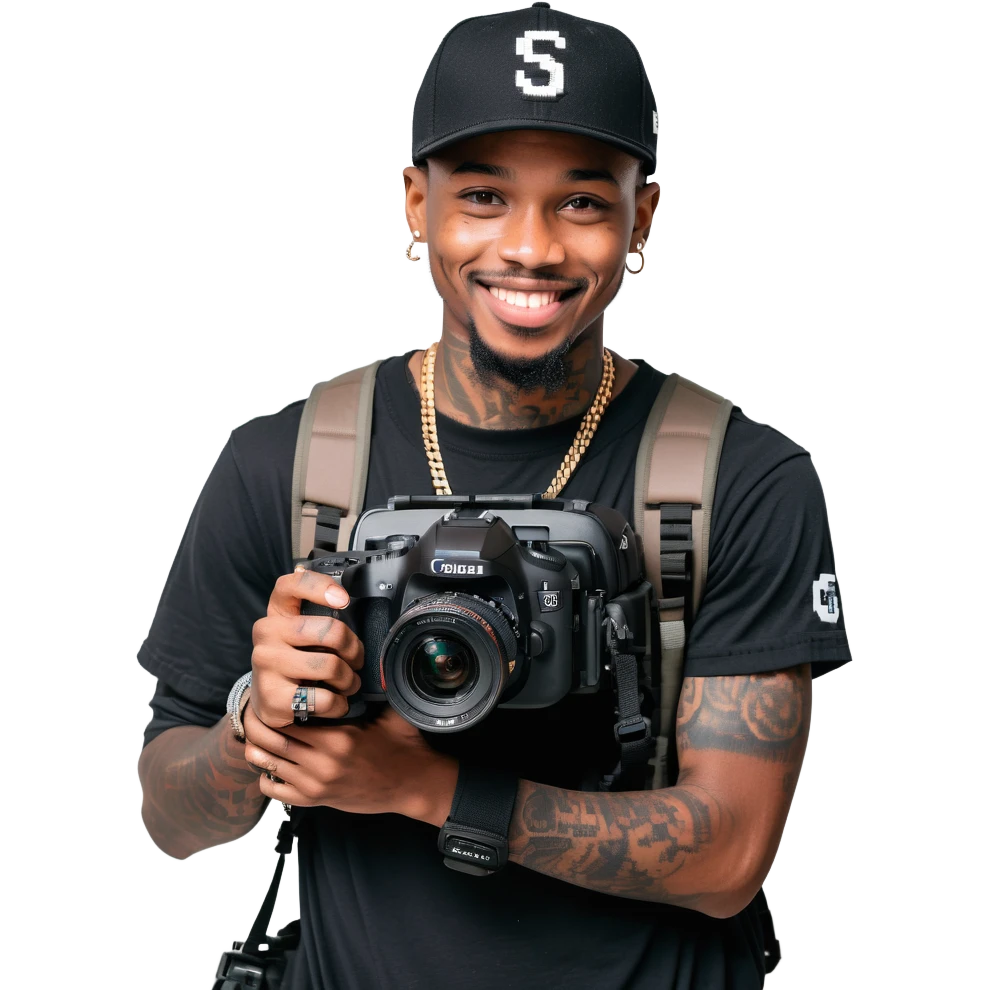 Young African cinematographer with tattoo-covered arms, wearing all black clothing and a baseball cap, holding a DSLR camera. Has dark brown eyes, a bright smile, and a small goatee. emoji
