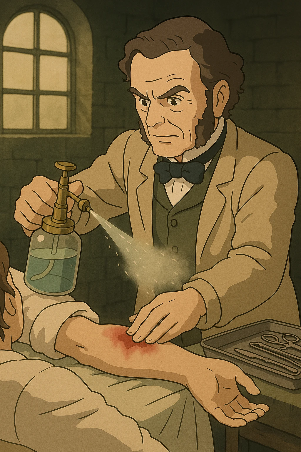 Joseph Lister, a surgeon from the late 1800s using a carbolic water spray during on operation on a patient's arm.. The water spray is being aimed at the open wound on the patient's arm.  There is a tray of operating tools to the side. emoji