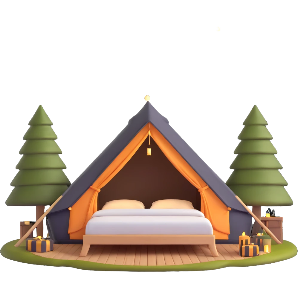 glamping luxury tent with string lights and comfortable bed emoji