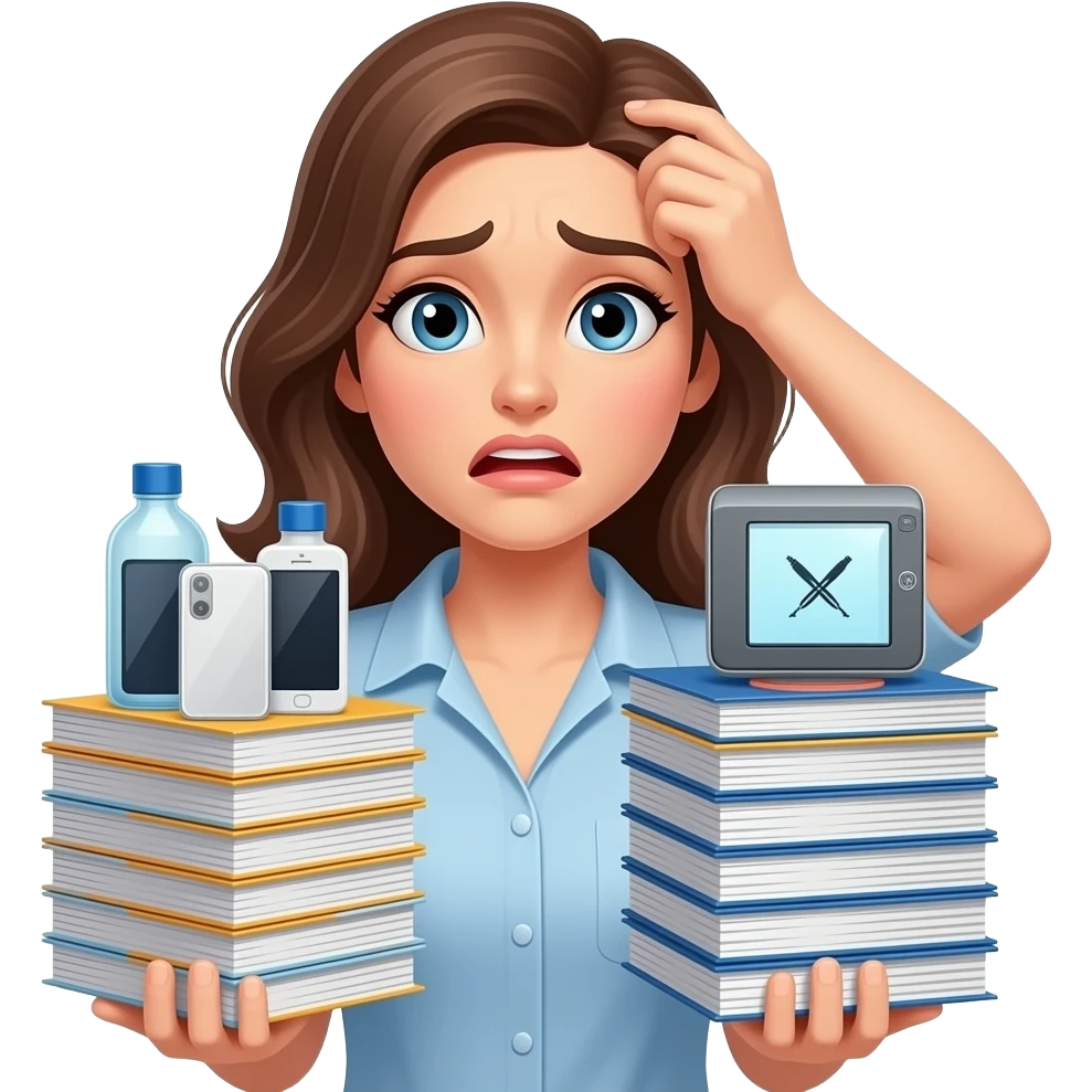 product information overload woman with products emoji