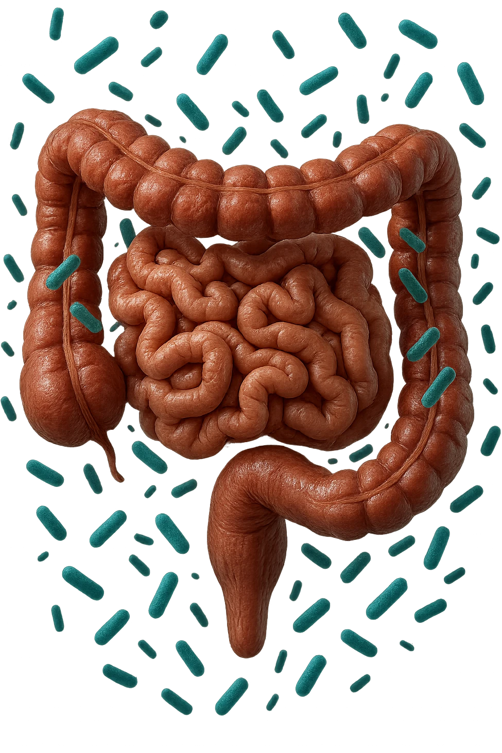 intestino umano anatomico realistico con batteri intestinali turchesi che fluttuano intorno, IPERREALISTICA 4K emoji