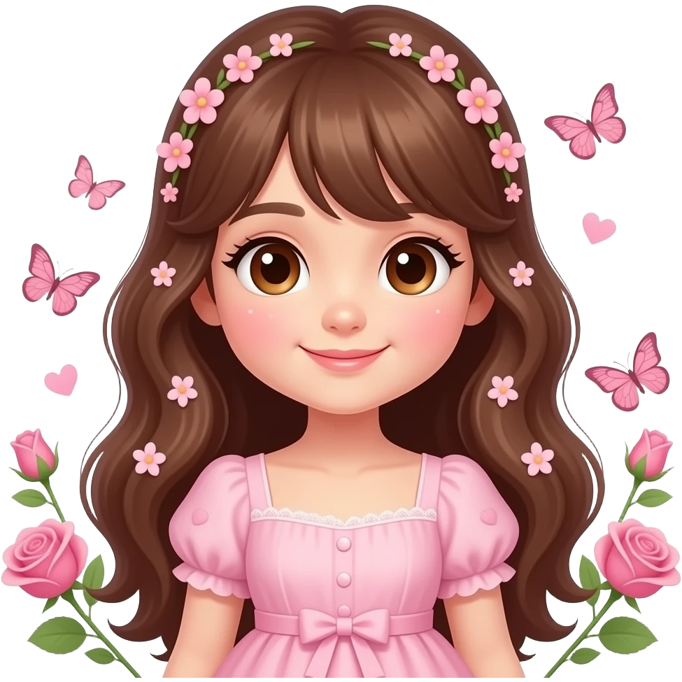 Adorable emoji girl, long brown hair with tiny pink flowers in hair, pastel pink dress, soft blush, sparkling eyes, cute smile, surrounded by roses and butterflies, aesthetic kawaii style, soft pink background, cartoon emoji style, high quality, sticker emoji