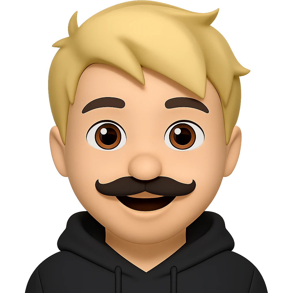 Add a black hoodie to the Asian man with a small mustache and short messy blond hair in emoji style. Preserve the transparent background. The man is smiling. emoji