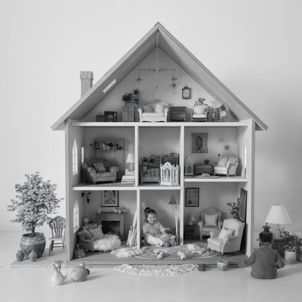 smiling girl arranging furniture in doll house emoji