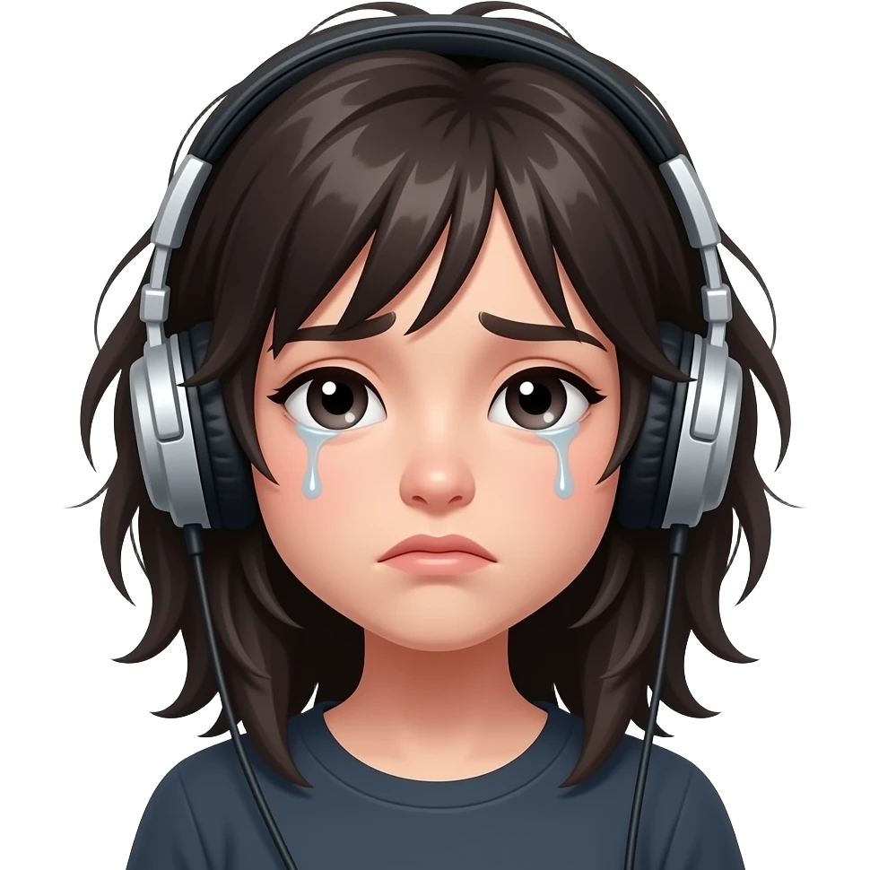 upset girl with headphones, NO TEARS emoji