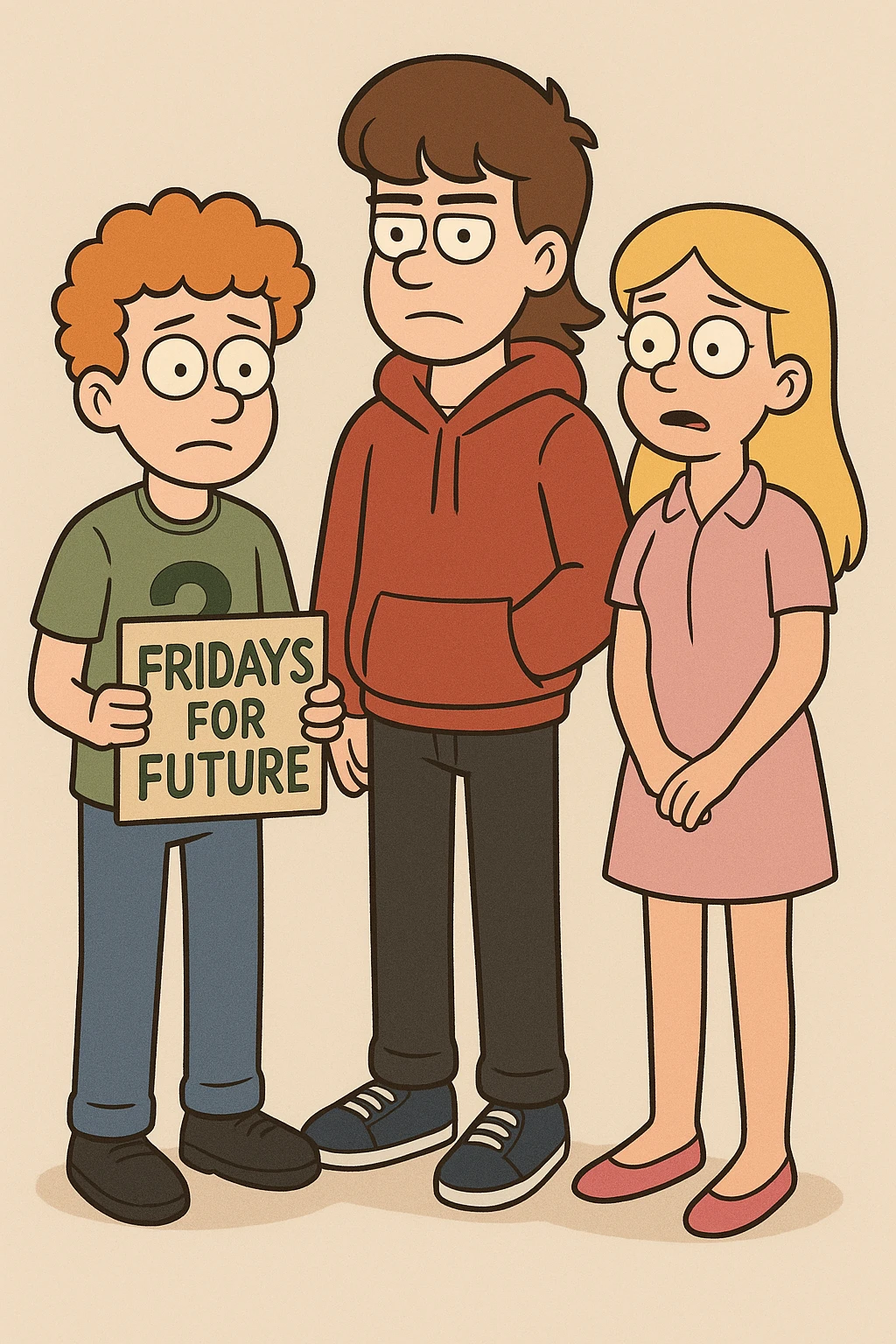  Fridays for Future a boy orange curly hair green question t-shirt jeans black shoes boy brown Hockey Hair red hoodie black trousers navy blue trainer shoes girl yellow hair with shirt dress pink shoe boy Yellow Orange hair blue jackets hoodie dark blue jeans white shoe  emoji