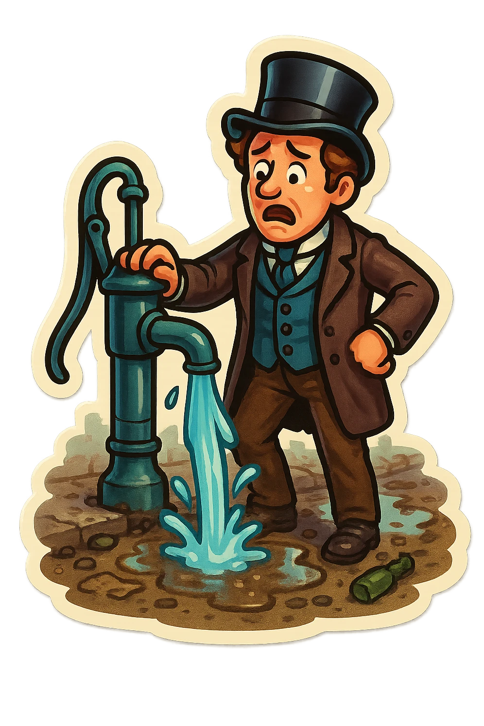 Victorian man with a broken water pump in a dirty street emoji