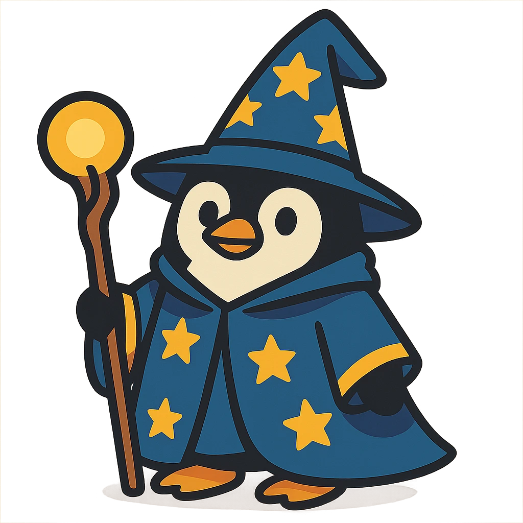 a penguin dressed as a wizard, with a pointed hat and a magic staff, in a charming and whimsical style emoji