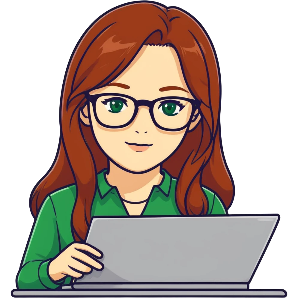 A beautiful long Auburn hair, scientist, woman with green eyes glasses who has been working 12 hours straight making science wonderful emoji