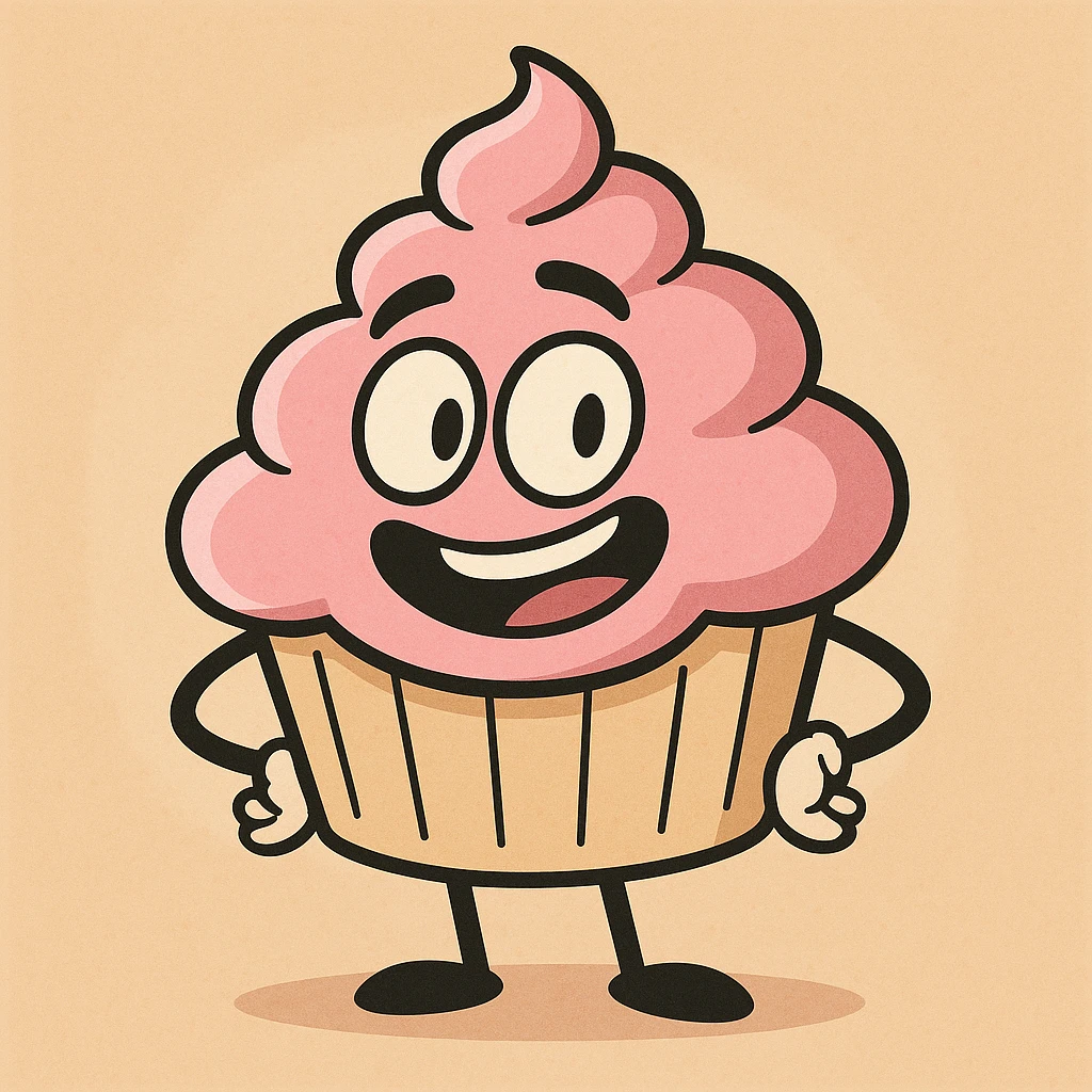 cupcake with pink icing, cartoon style, bold outlines, playful emoji