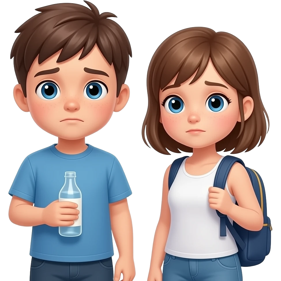 chico y chica  cansados el chico castanyo i con pelo corto y la chica pelo suelto y un poco rubia pero castaño y los dos tienen ojos azules son hermanos con uno una botella i otro una mochila. estan depie. la niña con un peto emoji