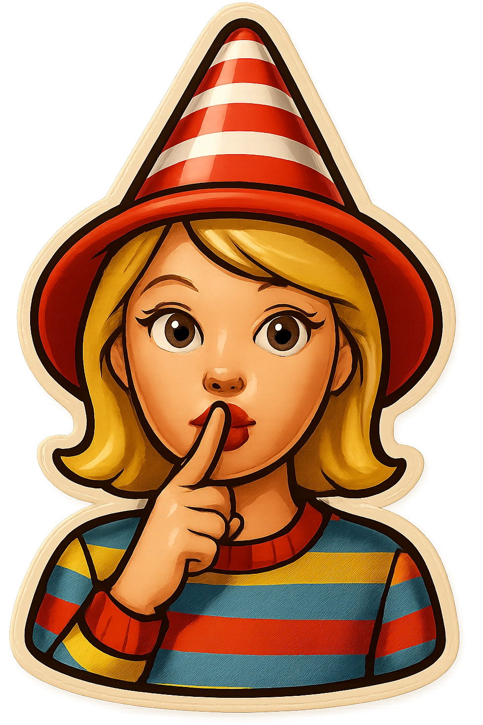Add a finger in front of the pursed lips to clearly show the shushing gesture, keeping the striped party hat and festive vibe, no background. emoji