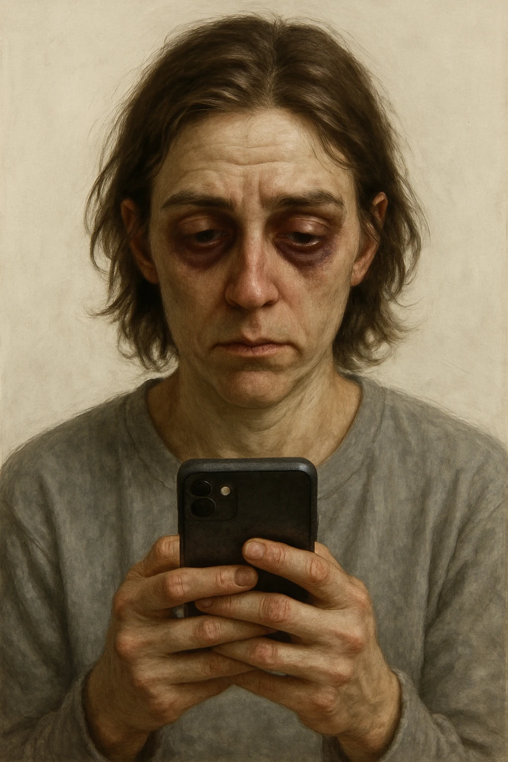 realistic style of a person with deep dark circles under eyes looking at their smartphone, light background emoji