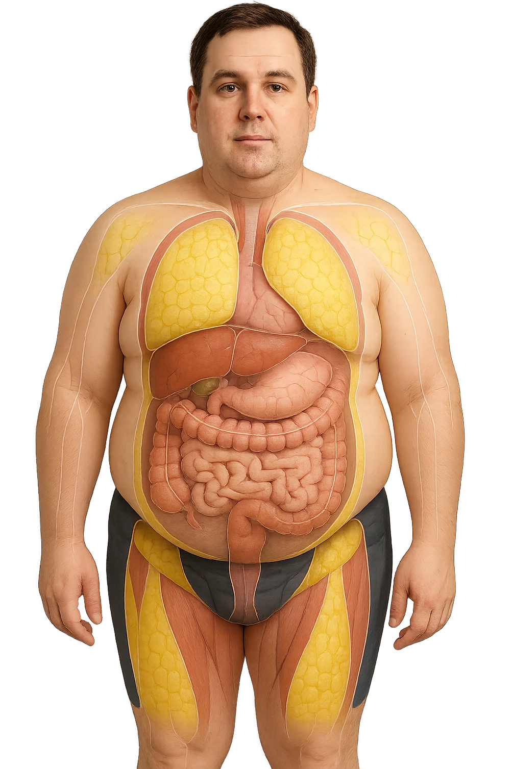 an adult man with a visibly overweight physique stands in a clinical setting. Semi-transparent overlays highlight areas of fat accumulation, especially around the abdomen, chest, and thighs. The fat tissue is shown in yellow, contrasting with underlying muscles and organs. The background is clean and modern, emphasizing the educational aspect. senza scritte emoji
