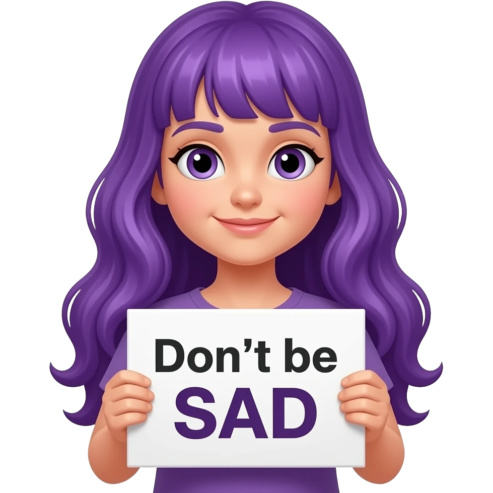 girl with long purple hair holding a Don't be SAD sign emoji