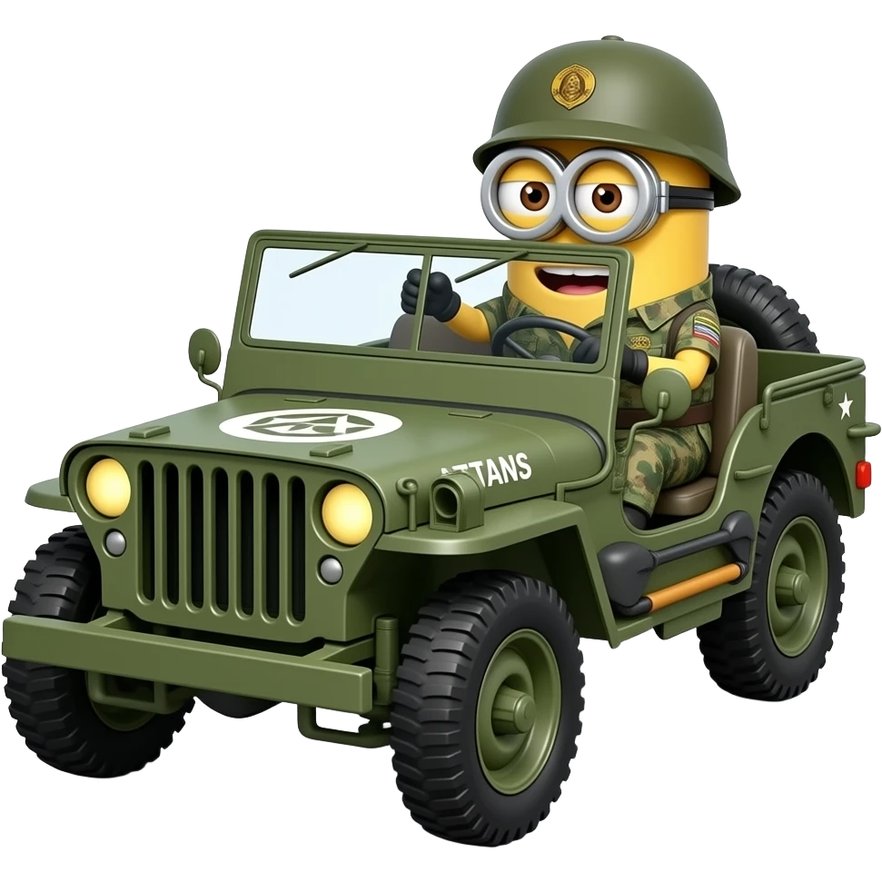 Minion in army uniform driving army jeep with Attack Titans text on hood emoji