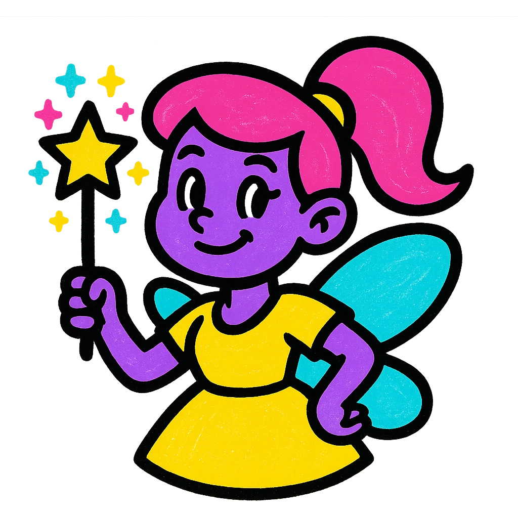 modern cartoon logo of a purple fairy with a sparkling magic wand, not childish emoji