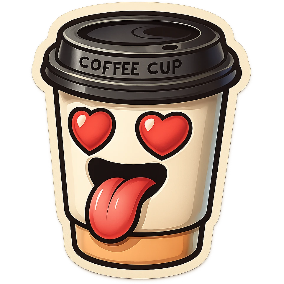 Tall coffee cup, big heart eyes, tounge hanging on ground emoji